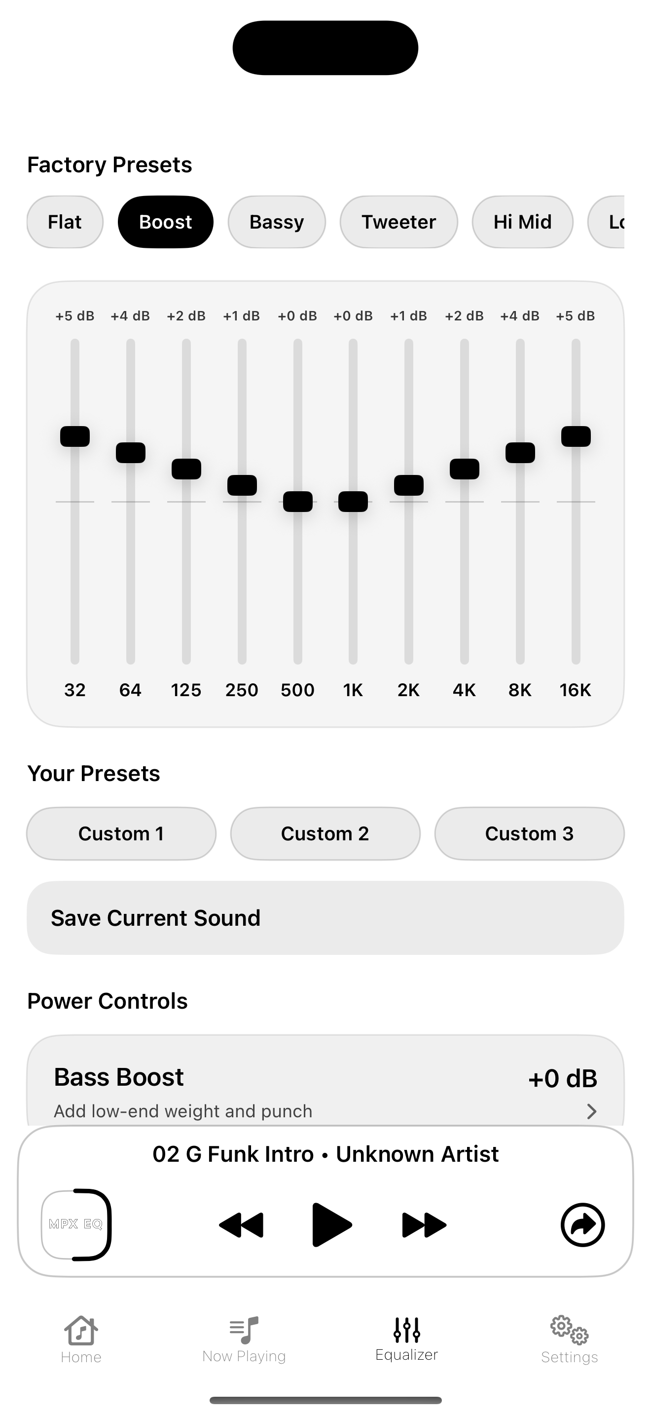 Equalizer preset screen light mode